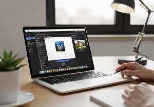 Laptop mit geöffnetem WordPress Dashboard bei der Optimierung der Datenbank auf einem modernen Schreibtisch.