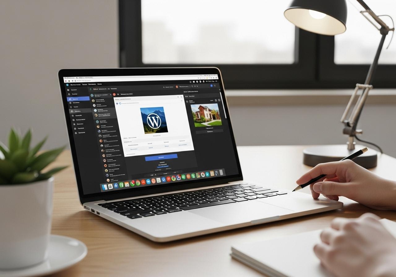 Laptop mit geöffnetem WordPress Dashboard bei der Optimierung der Datenbank auf einem modernen Schreibtisch.