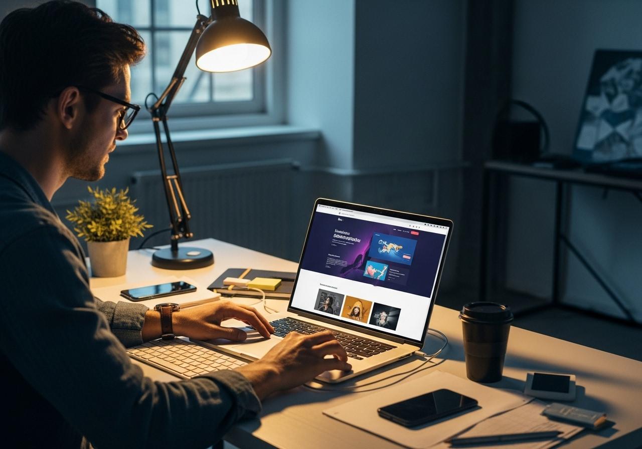 Designer arbeitet am Laptop an einer modernen Webseite mit Elementor 3.32 und nutzt neue Animationen und Designfunktionen