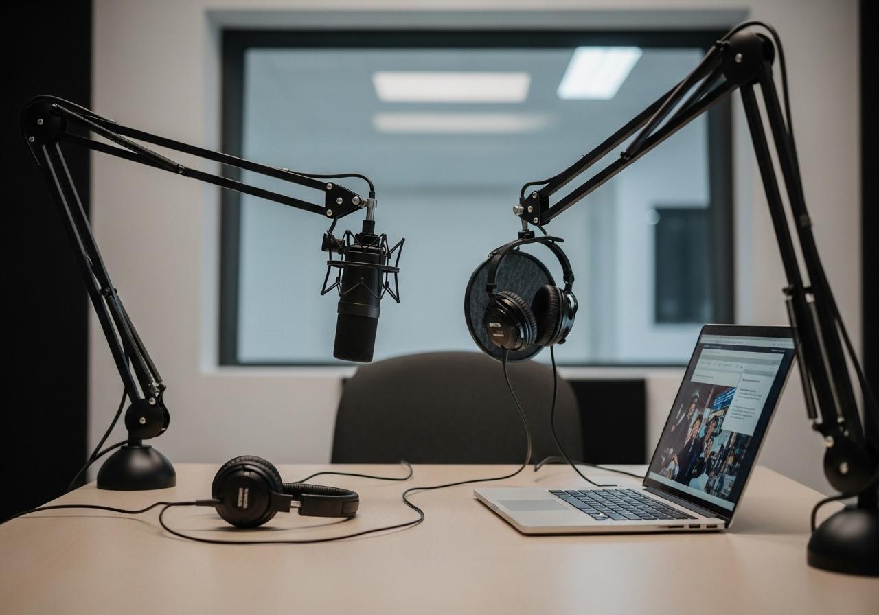 Moderner Arbeitsplatz mit Mikrofon Kopfhörern und Laptop zur professionellen Audioproduktion für Podcasts und Sprecher