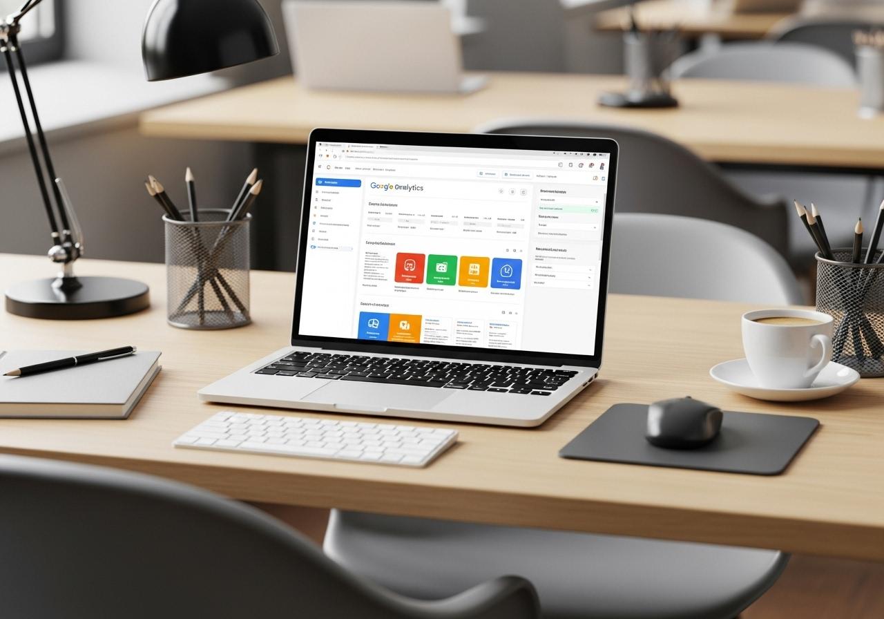 Laptop auf Schreibtisch zeigt Google Analytics 4 Dashboard zur Integration in WordPress Website