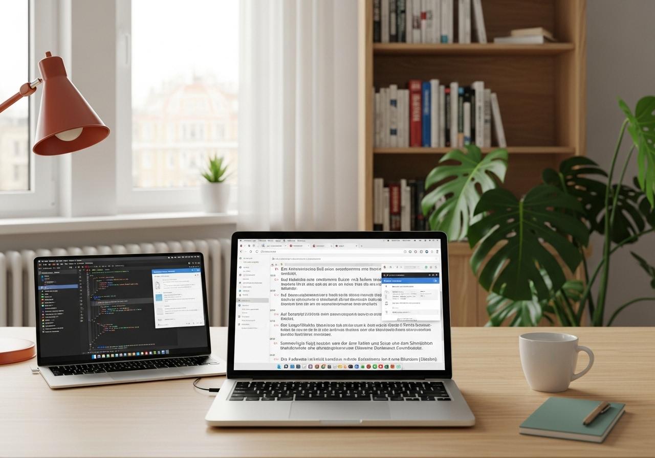 Mann arbeitet am Laptop und bindet Google Fonts lokal in eine Website ein, modernes Büro mit natürlichem Licht