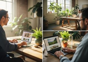 Designer arbeitet an nachhaltiger Website mit Laptop und Pflanzen im Hintergrund, natürliches Licht, moderne Umgebung.