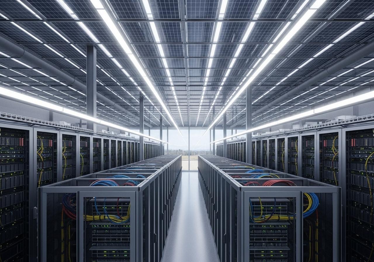 Serverräume mit Solarpanels auf dem Dach zeigen nachhaltiges grünes Webhosting bei deutschen Anbietern.