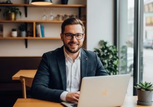 Unternehmer sitzt entspannt im Café vor Laptop und arbeitet an seiner Personenmarke für Premium Kunden