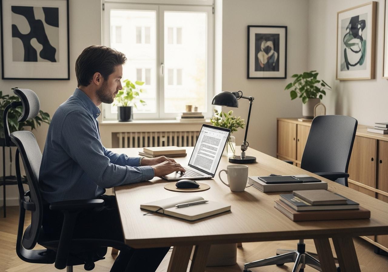 Ein Autor schreibt an einem Laptop in einem modernen Büro während eine KI Software zur Texterstellung läuft
