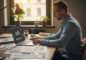 Designer arbeitet am Laptop mit KI Tools die visuell neue Designideen auf dem Bildschirm zeigen