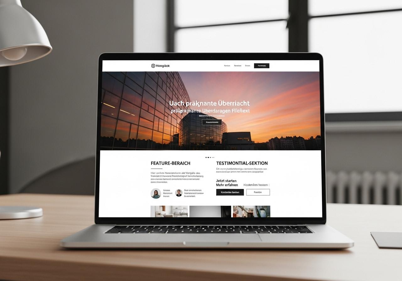 Laptop mit geöffneter Landing Page auf Schreibtisch im Büro mit Fokus auf optimiertes Design für bessere Conversion