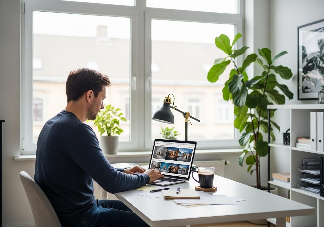 Person prüft am Laptop lizenzfreie Bilder und rechtliche Hinweise im modernen Büro bei Tageslicht