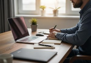 Freelancer arbeitet an Laptop und Portfolio mit Skizzen und Notizen auf Holztisch in hellem Arbeitsraum.