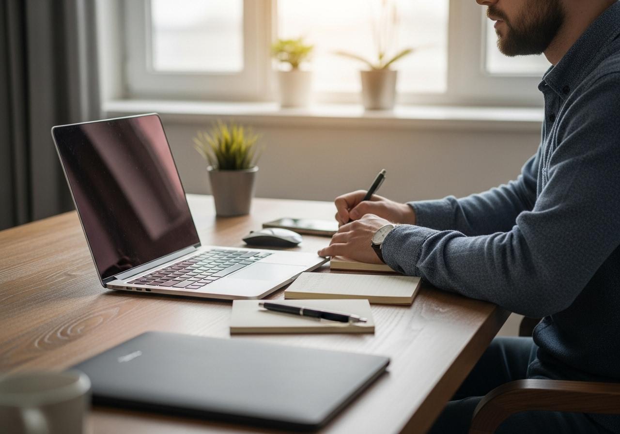 Freelancer arbeitet an Laptop und Portfolio mit Skizzen und Notizen auf Holztisch in hellem Arbeitsraum.