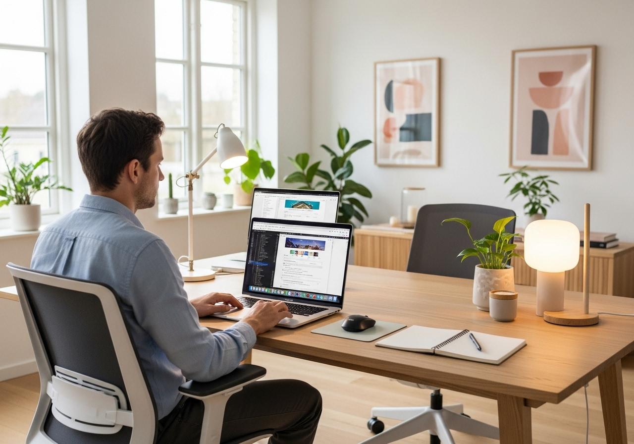 Blogger überprüft WordPress Sicherheit mit Laptop und Tools in heller moderner Umgebung