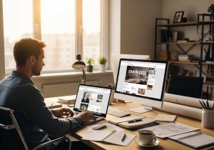 Designer arbeitet am Laptop an Onepager Website im modernen Büro mit klarer Struktur und hellem Licht