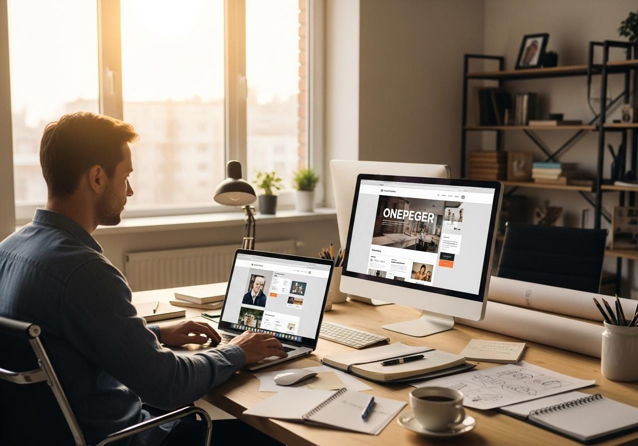 Designer arbeitet am Laptop an Onepager Website im modernen Büro mit klarer Struktur und hellem Licht