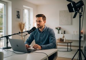 Moderator gibt Online Seminar über Laptop mit Mikrofon und Lichttechnik in moderner Umgebung