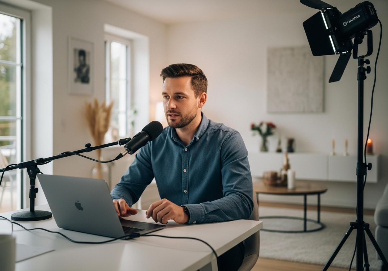 Moderator gibt Online Seminar über Laptop mit Mikrofon und Lichttechnik in moderner Umgebung