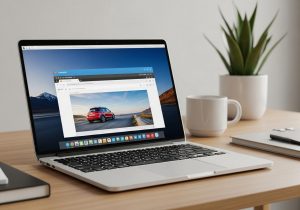 Ein Laptop zeigt ein Website Pop-up zur Lead Generierung in heller moderner Umgebung