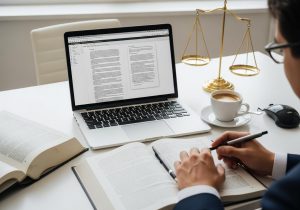 Schreibtisch mit Laptop Notizblock und Kaffeetasse beim Schreiben rechtssicherer Texte