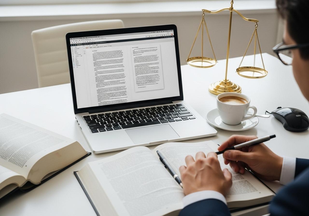 Schreibtisch mit Laptop Notizblock und Kaffeetasse beim Schreiben rechtssicherer Texte