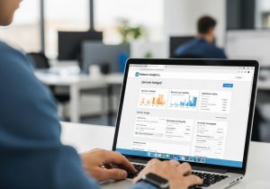 Ein IT Spezialist sitzt am Schreibtisch und richtet Matomo Analytics auf einem Laptop ein, klar erkennbar im Büro.