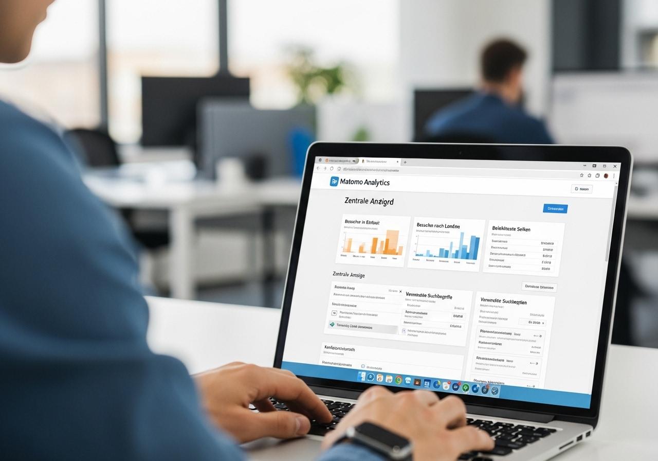 Ein IT Spezialist sitzt am Schreibtisch und richtet Matomo Analytics auf einem Laptop ein, klar erkennbar im Büro.