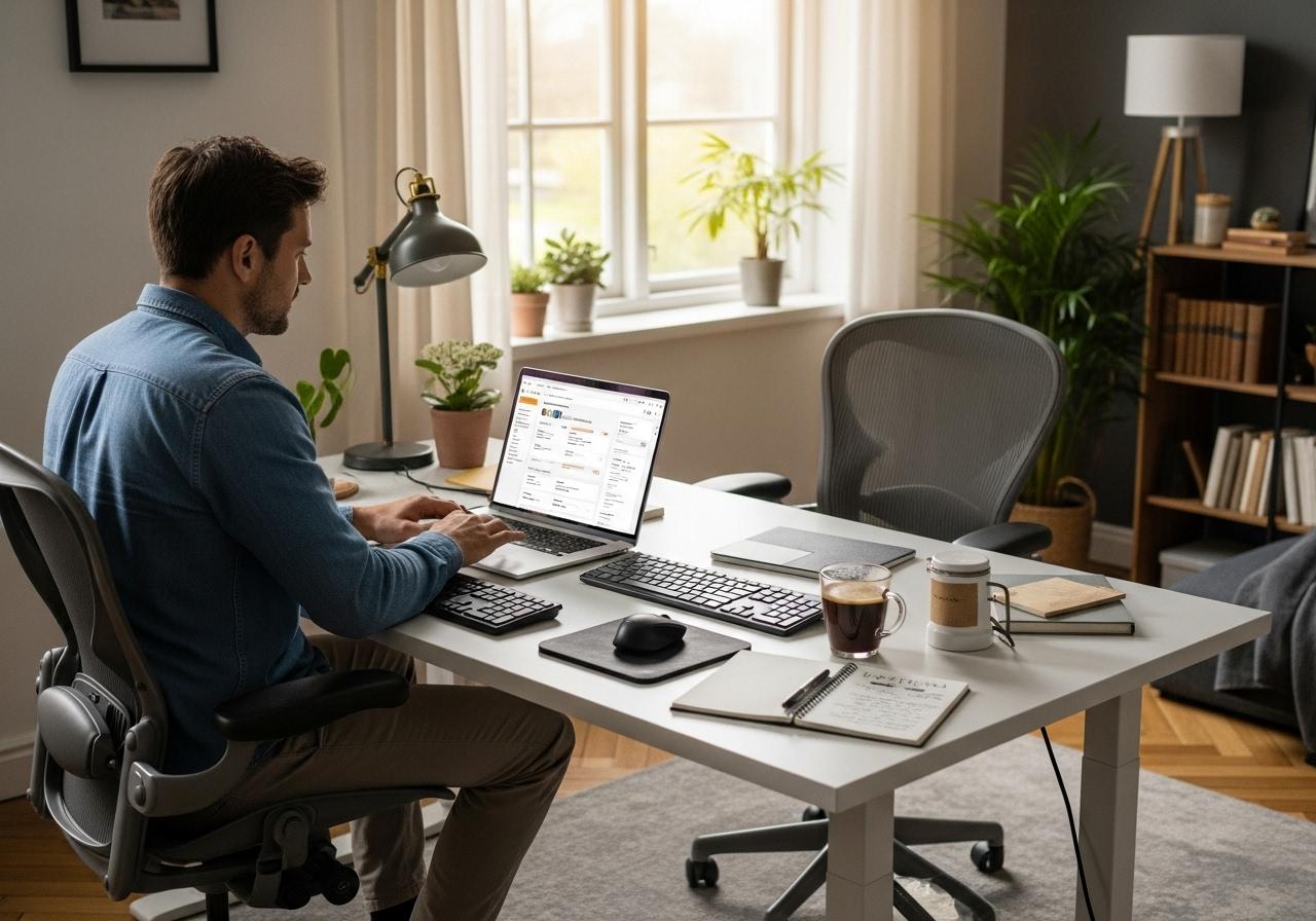 Ein Freelancer sitzt an seinem Schreibtisch und arbeitet an Service Paketen auf seinem Laptop.