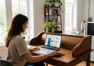 Person arbeitet an Laptop und erstellt mit LearnDash eine Online Kursseite in WordPress