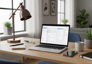 Ein Laptop zeigt ein offenes Trello Board auf einem Schreibtisch mit Notizen und Kaffee, Symbol für Produktivität und Organisation