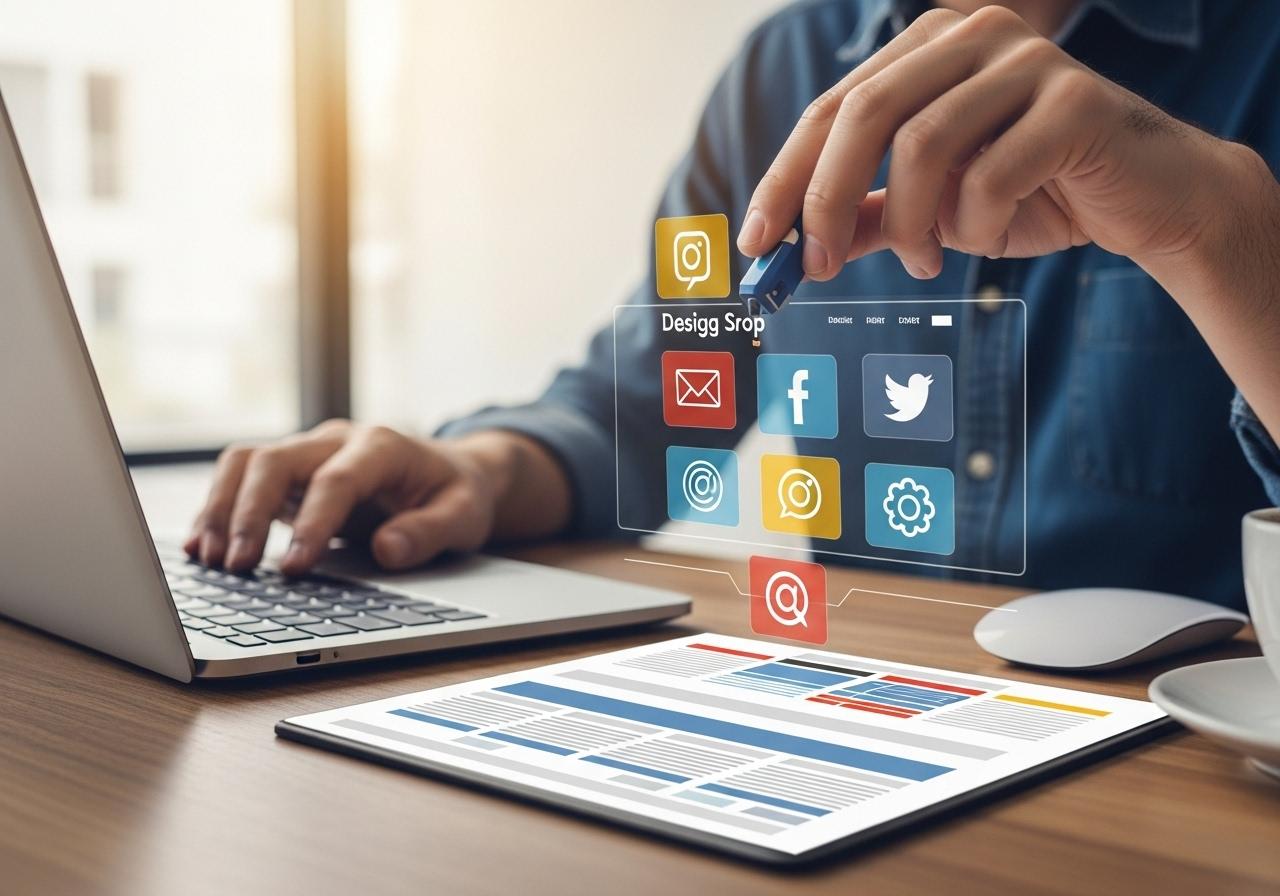 Designer arbeitet am Laptop und fügt Social Media Buttons und Feeds in eine Website ein