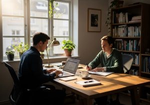 Eine Person schreibt am Laptop mit Notizbuch und Tasse, während sie Content für Social Media plant