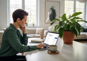 Ein Freelancer sitzt im Homeoffice und schreibt eine Rechnung am Laptop, um rechtssichere Dokumente zu erstellen.