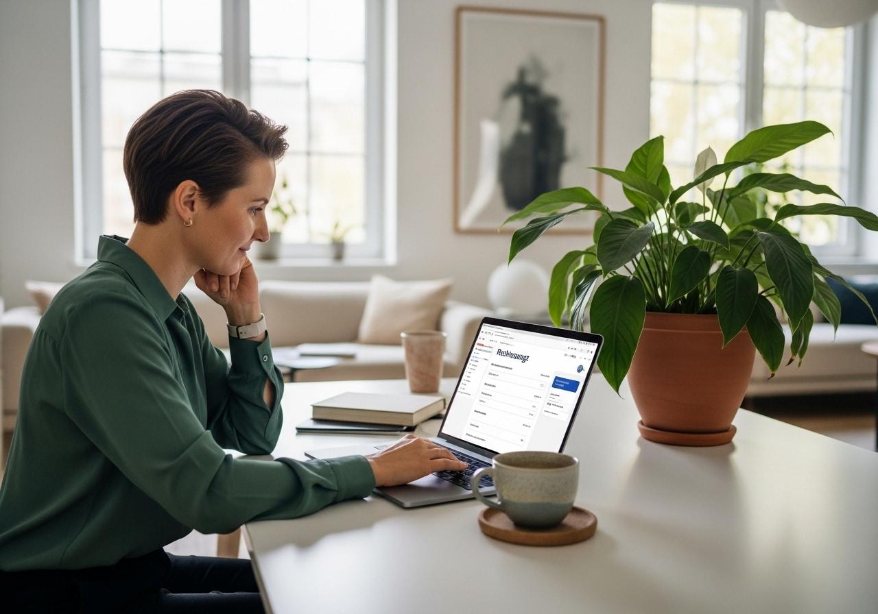 Ein Freelancer sitzt im Homeoffice und schreibt eine Rechnung am Laptop, um rechtssichere Dokumente zu erstellen.