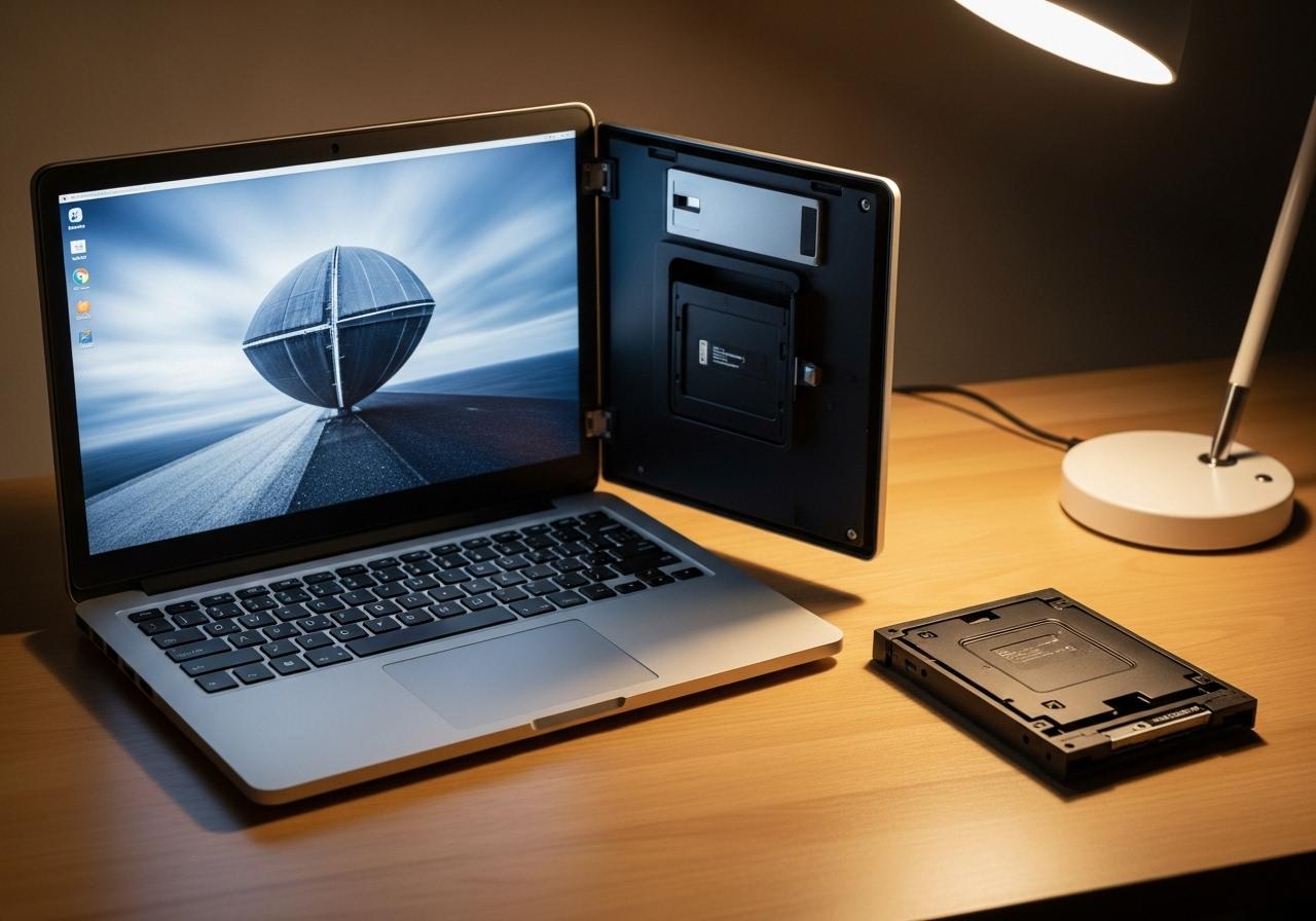 Laptop mit angezeigtem Sicherheitsupdate neben einer externen Festplatte auf einem hellen Schreibtisch