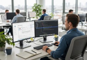 Ein Entwickler arbeitet an einem Headless CMS mit WordPress Backend und Next.js Frontend im modernen Büro.