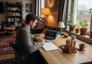 Ein Freelancer sitzt an einem Schreibtisch und berechnet verschiedene Preismodelle, um die eigene Profitabilität zu steigern.