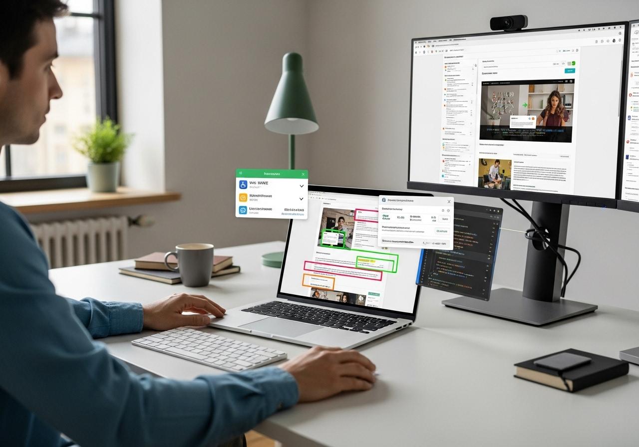 Person überprüft Website Barrierefreiheit am Laptop mit WordPress und Elementor an einem hellen Arbeitsplatz