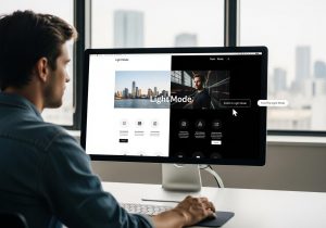 Ein Webdesigner arbeitet am Laptop an einer Webseite mit heller und dunkler Ansicht nebeneinander.