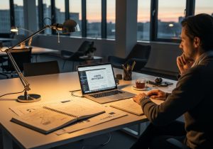 Person sitzt am Schreibtisch mit Laptop und plant den Webseiten Relaunch ohne Rankingverlust