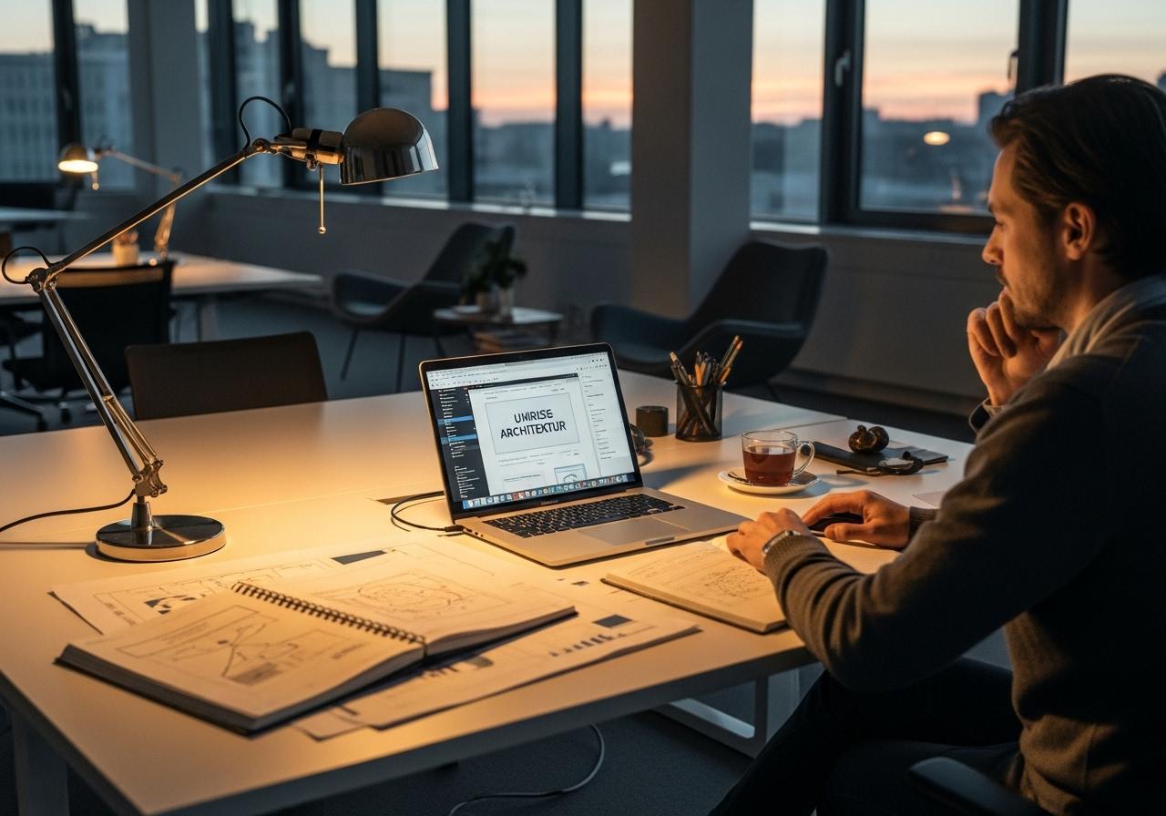 Person sitzt am Schreibtisch mit Laptop und plant den Webseiten Relaunch ohne Rankingverlust