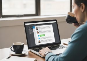 Ein Freelancer sitzt entspannt am Laptop, trinkt Kaffee und bleibt ruhig während Projektkommunikation über den Bildschirm läuft