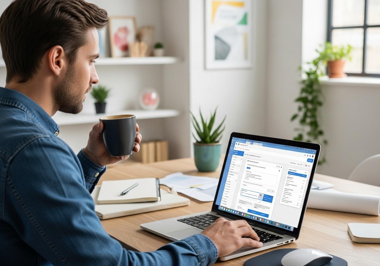 Designer erstellt auf seinem Laptop automatische Angebotsformulare in WordPress und trinkt dabei Kaffee