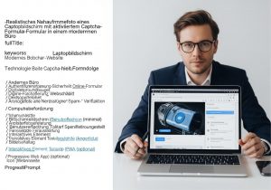 Laptop zeigt ein Formular mit aktivem Captcha zum Schutz vor Spam Bots in einem modernen Arbeitsumfeld
