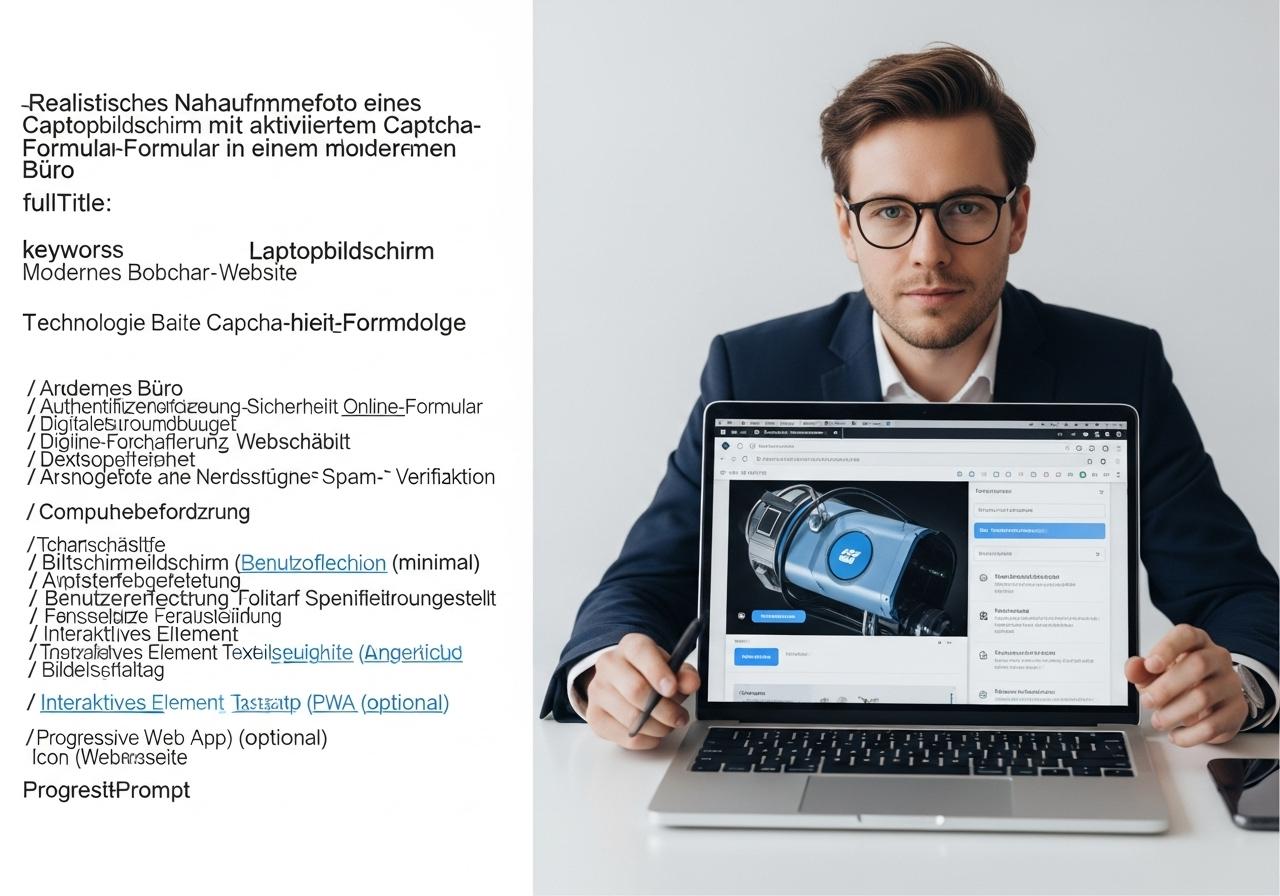 Laptop zeigt ein Formular mit aktivem Captcha zum Schutz vor Spam Bots in einem modernen Arbeitsumfeld