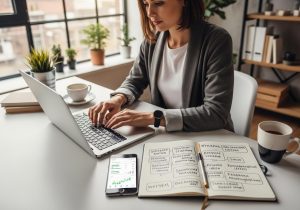 Blogger sitzt am Schreibtisch mit Laptop und Notizbuch während er eine Affiliate Strategie für seinen Blog entwickelt