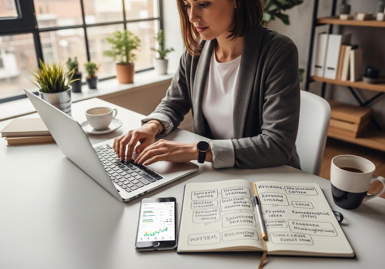 Blogger sitzt am Schreibtisch mit Laptop und Notizbuch während er eine Affiliate Strategie für seinen Blog entwickelt