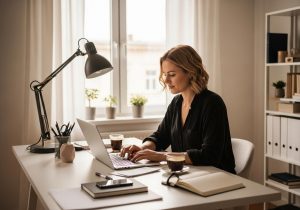 Freelancer sitzt am Laptop mit Notizbuch und Kaffee und arbeitet an langfristiger Kundenpflege