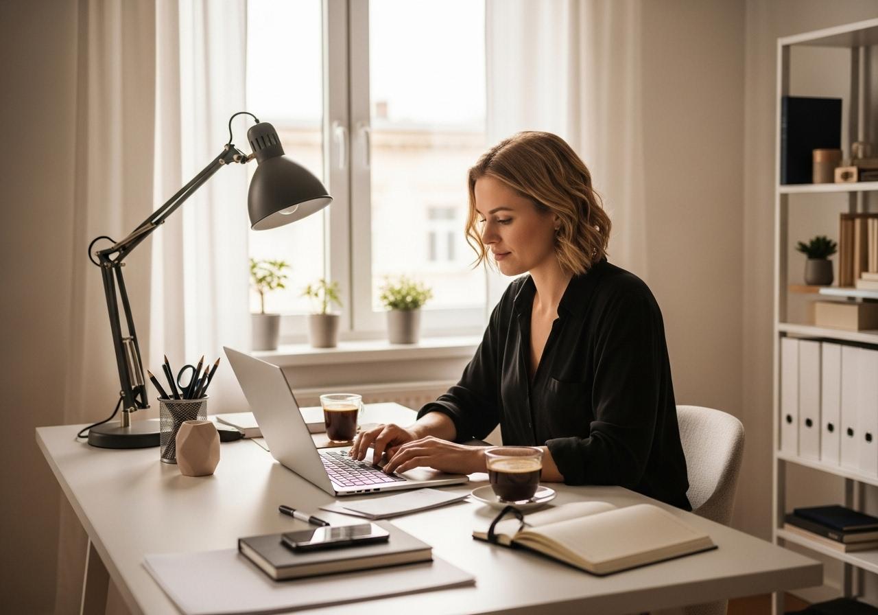 Freelancer sitzt am Laptop mit Notizbuch und Kaffee und arbeitet an langfristiger Kundenpflege