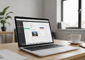 Ein Laptop zeigt das WooCommerce Dashboard mit Versandmethoden Einstellungen in einem modernen hellen Büro.