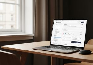 Bildschirm mit WooCommerce Zahlungsmethoden im Online Shop, moderner Arbeitsplatz mit Laptop und Smartphone