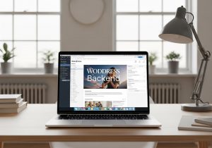 Moderner Laptop mit geöffnetem WordPress Backend im Büro auf einem Schreibtisch